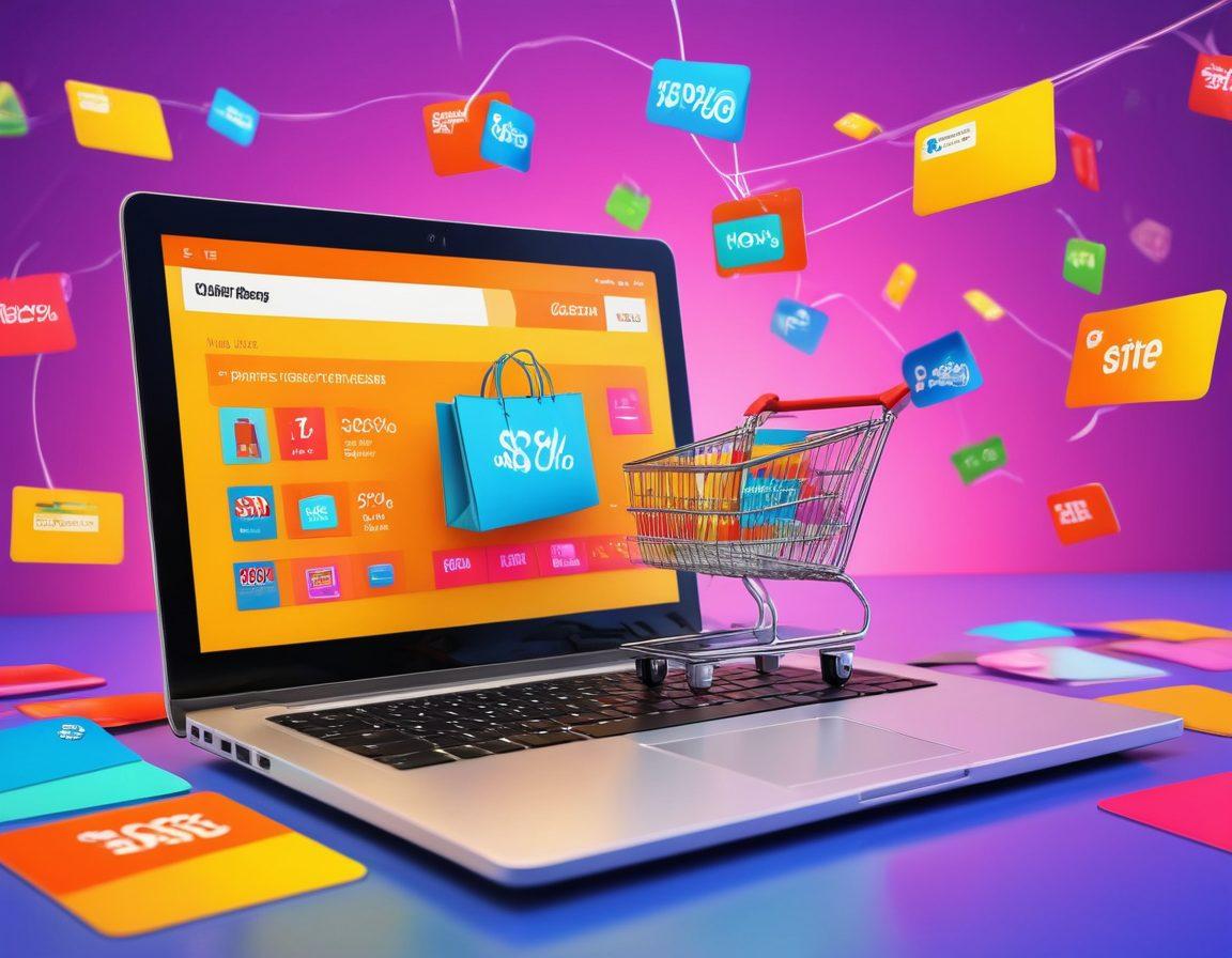 A dynamic online shopping scene displaying a person happily comparing prices on their laptop, with vibrant discount tags and cart icons floating around. Include elements representing different product categories like fashion, electronics, and home goods. The background should feature a modern, digital storefront with a colorful, appealing layout. super-realistic. vibrant colors. 3D.