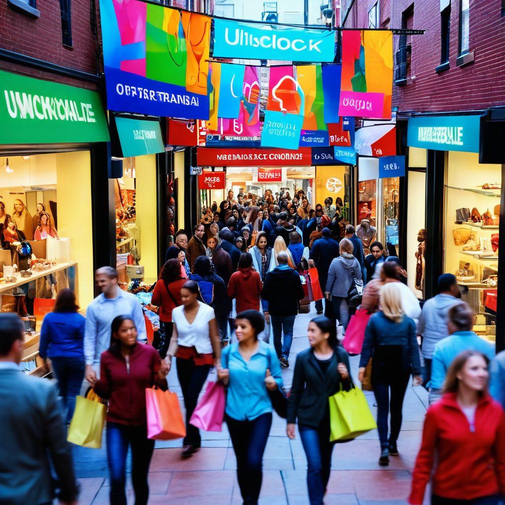 A vibrant scene of a diverse group of people enthusiastically shopping in a bustling retail environment, surrounded by colorful sale signs and shopping bags, with a large banner that says 'Unlock Incredible Discounts'. Brightly lit storefronts in the background reflect an inviting atmosphere, showcasing various products. The composition should evoke a sense of excitement and savvy shopping. super-realistic. vibrant colors. 3D.