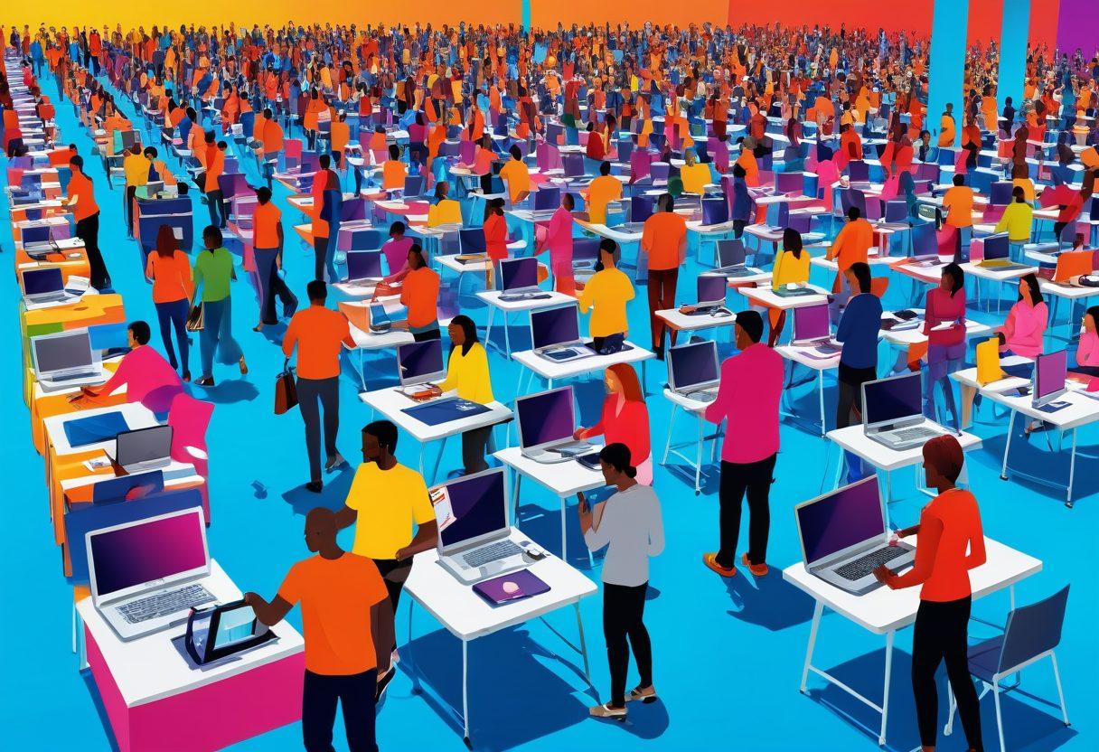 A modern digital shopping scene depicting a diverse group of people happily shopping online using laptops and smartphones. Include vibrant banners showcasing discounts and sales, along with shopping carts filled with colorful products. Background should feature abstract representations of online marketplaces and codes, symbolizing smart shopping techniques. Energetic and engaging atmosphere. vibrant colors. super-realistic.